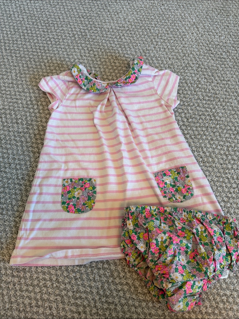 Baby Boden Pink & White Striped Dress with Floral Collar and Bloomers